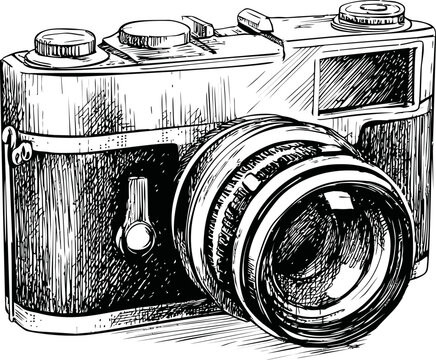 Vintage camera sketch in black and white with detailed lens and buttons. Vector illustration