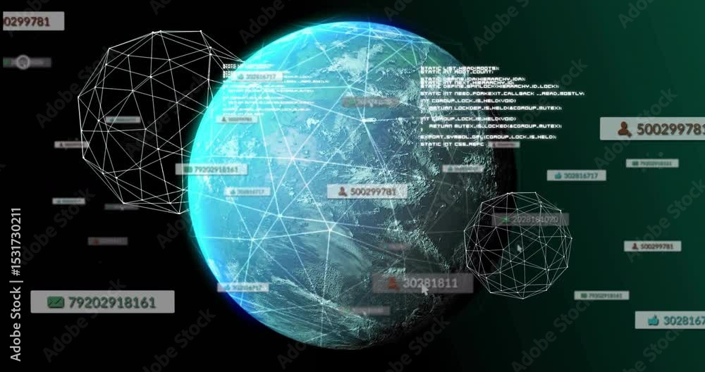 Poster rotating earth initiating network mesh overlay and panels sliding in visualizing global connections