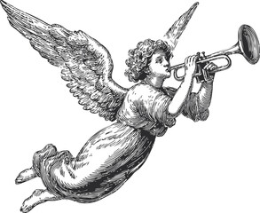 Angel with trumpet in detailed black and white illustration, vintage style. Vector illustration