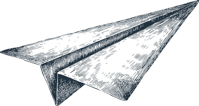 Fototapeta Illustration of a monochrome paper airplane with detailed line art sketch. Vector illustration