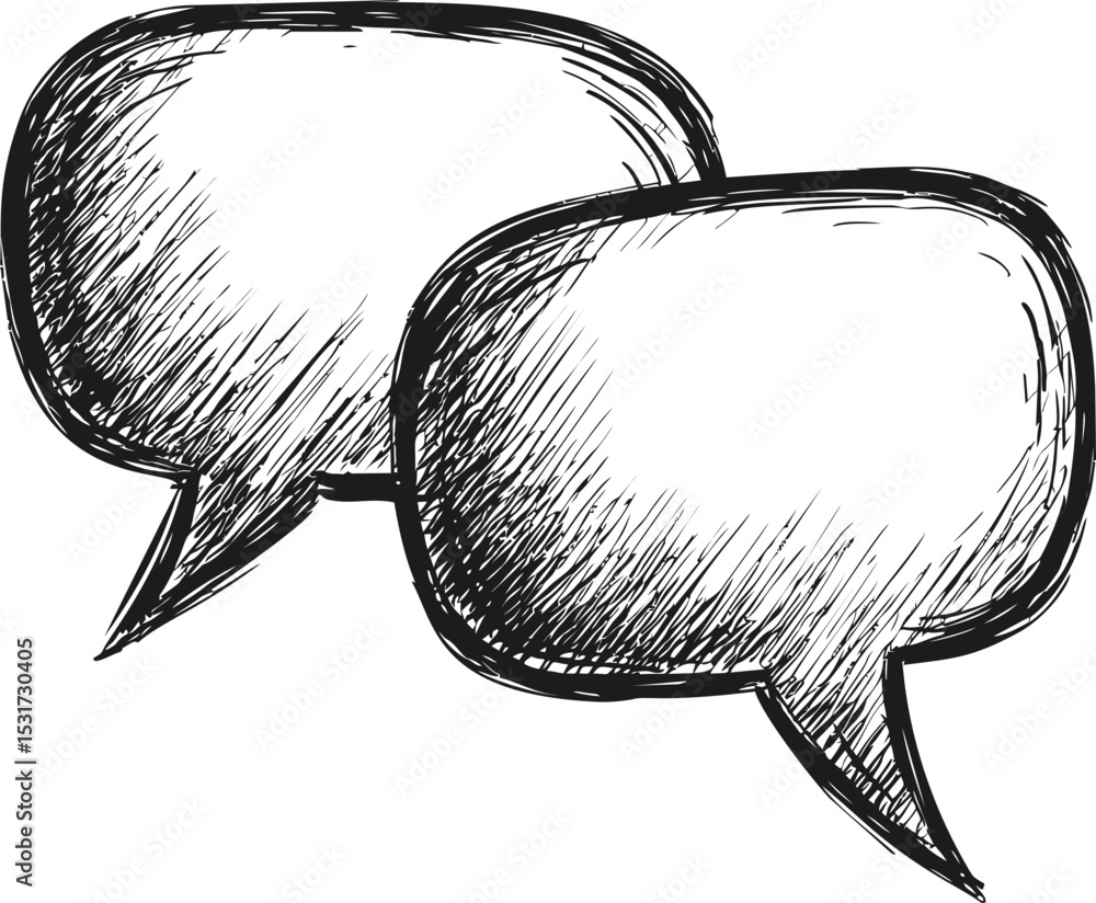 Poster sketch drawing of two overlapping speech bubbles in black and white, communication concept. vector i