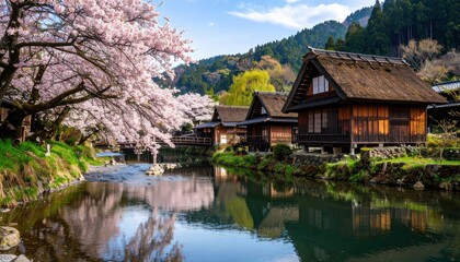 Obraz premium Serene riverside view featuring traditional wooden houses and blooming cherry trees, set against a stunning mountain backdrop during daytime.