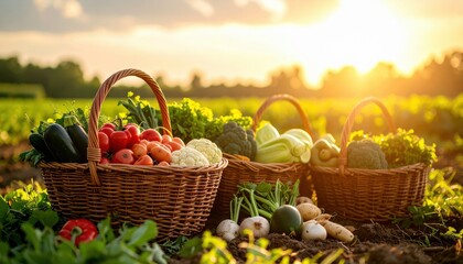 Vibrant baskets filled with fresh vegetables in a sunlit field, showcasing an abundance of organic produce. Perfect for farm and healthy lifestyle themes.