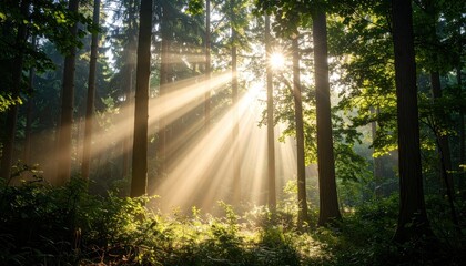 Obraz premium Sunlight filters through a dense forest, creating a serene atmosphere filled with lush green foliage and vibrant nature. Ideal for environmental themes.