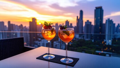 Obraz premium Two elegant cocktails with vibrant colors sit on a table against a stunning sunset skyline, creating a perfect ambiance for relaxation and enjoyment.