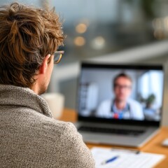 Rear view of young man video conferencing with specialist about male hormone health, minimalist light tones abstract