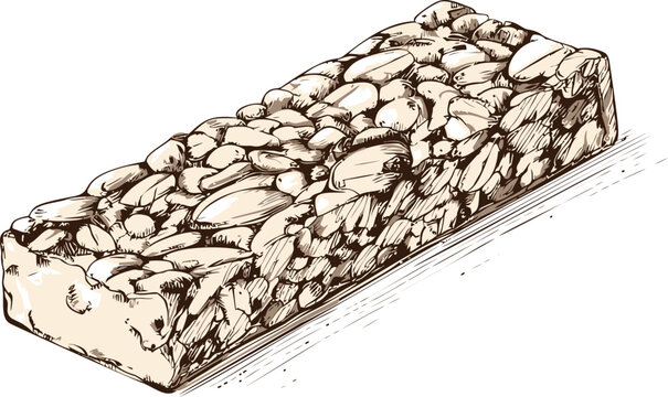 Detailed sketch of a crunchy granola bar with seeds and nuts in monochrome. Vector illustration