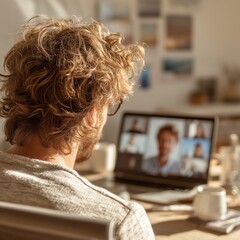 Rear view of young man video conferencing with specialist about male hormone health, minimalist light tones abstract