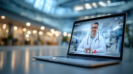 Doctor Treating Cold Patient via Video Call with Blurred Clinic Background and Text Space