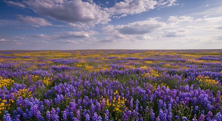 Fototapeta premium Purple and Yellow Wildflower Field under Cloudy Sky