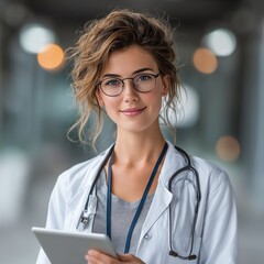 Professional Female Doctor Portrait with Tablet in Hospital Setting - Copy Space on Right