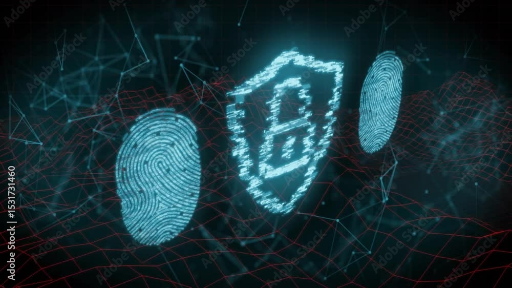 Poster 3d digital space initializing forming fingerprints and shield rotating symbolizing secure identity