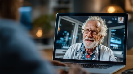 General practitioner talking to senior patient via online video conference, minimalist soft color tones