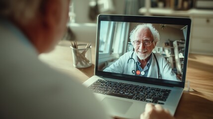 General practitioner talking to senior patient via online video conference, minimalist soft color tones