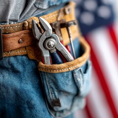 Naklejka premium Workman in tool belt holding pliers near blurred usa flag