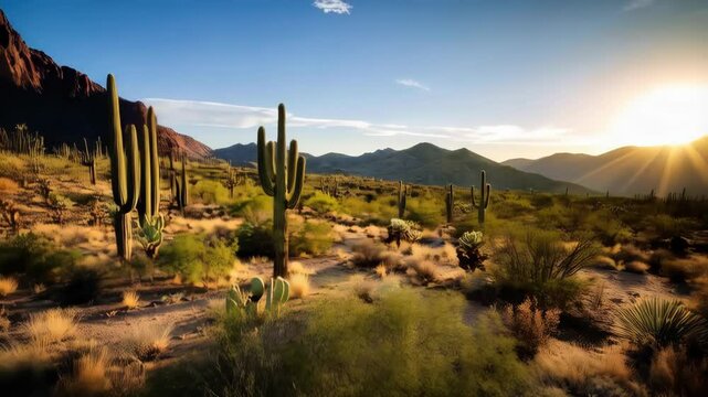 Arid desert landscape displaying saguaro cacti at sunrise, with scenic mountains and clear blue sky casting golden light over the terrain