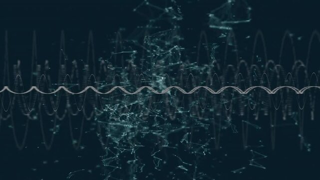 On start sine wave oscillating with second wave syncing, pulsing green network visualizing audio