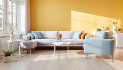 Interior of a modern living room with a pastel color scheme