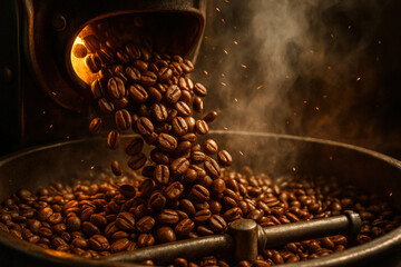 Freshly roasted coffee beans pouring from roaster in dark ambient setting, showcasing the process, aroma, and warmth of coffee culture.
