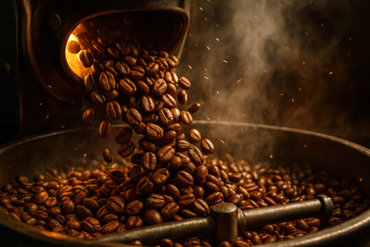 Freshly roasted coffee beans pouring from roaster in dark ambient setting, showcasing the process, aroma, and warmth of coffee culture.

