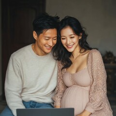 Young married Asian couple preparing for pregnancy with preconception telemedicine checkup at home