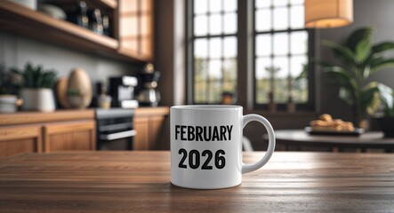 february 2026 lettering on coffee mug at table