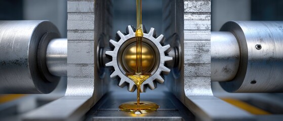 metallic gears mechanical lubrication concept. A gear being lubricated with oil in a mechanical setting.