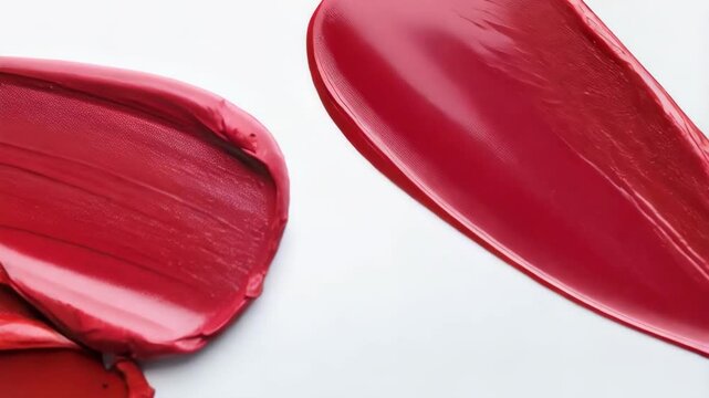 Smears of red and pink lipstick swatches on white background showcasing texture and color shades for cosmetic marketing