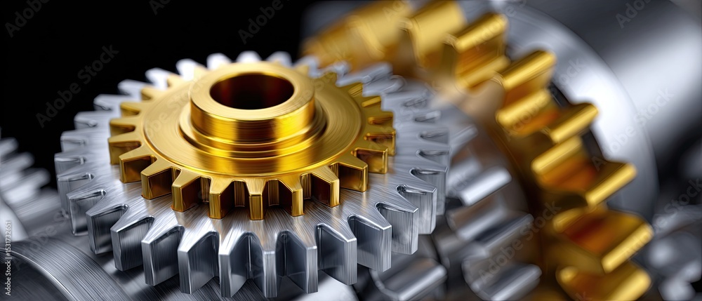 Poster metallic gears mechanical lubrication concept. close-up of interlocking metallic gears with a blend 