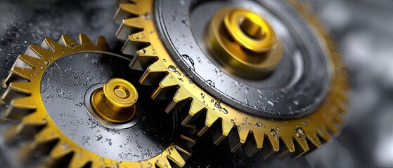metallic gears mechanical lubrication concept. Close-up of interlocking gears with metallic finish and water droplets.