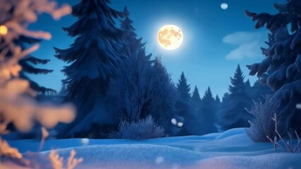 Snow covered tree branches and a full moon in a winter forest creating a magical holiday and Christmas background, snowy landscape and beautiful winter scene. - Powered by Adobe