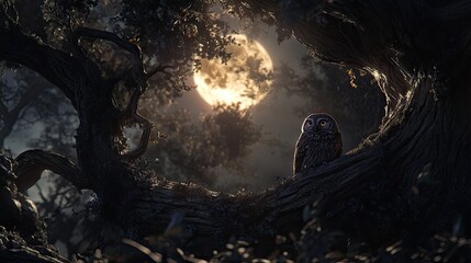 Fototapeta premium Owl perched in a gnarled tree under a full moon.