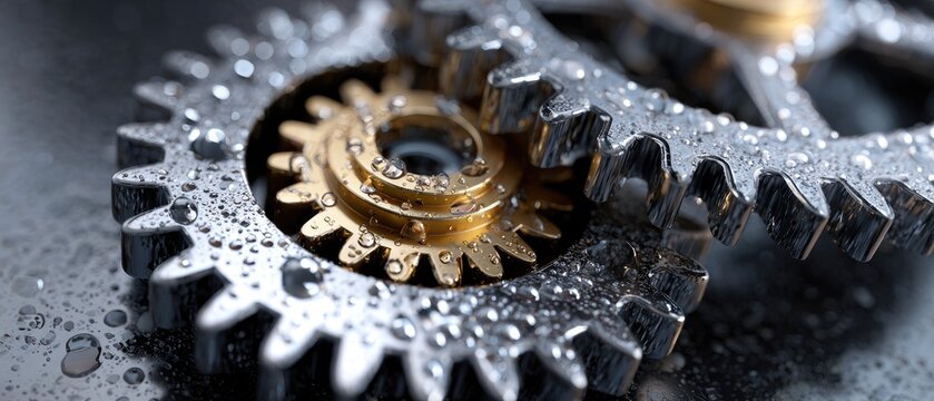 metallic gears mechanical lubrication concept. Close-up of metallic gears with water droplets, showcasing intricate details and reflections.