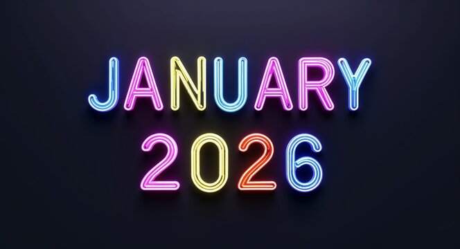 january 2026 colorful neon lettering on plain black dark background