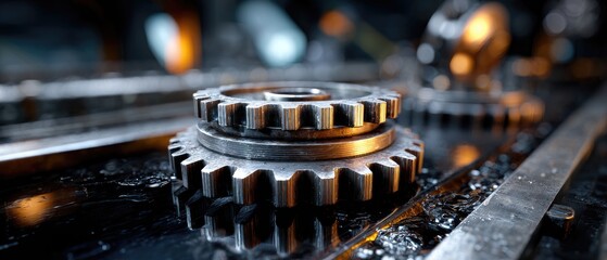 metallic gears mechanical lubrication concept. Close-up of metallic gears on a reflective surface with a blurred industrial background.