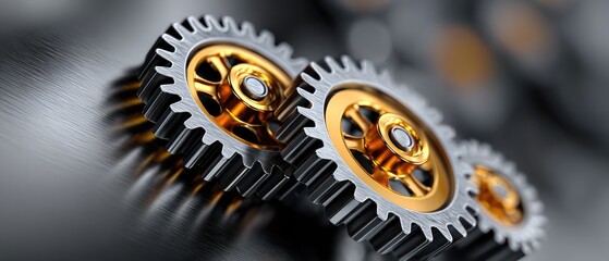 metallic gears mechanical lubrication concept. Close-up of metallic gears showcasing intricate design and mechanical precision.