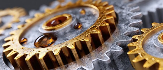 metallic gears mechanical lubrication concept. Intricate gears with metallic textures and reflections, showcasing mechanical engineering details.