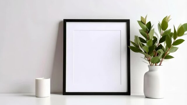 Clean minimal frame with white background, leaf branch in vase, and candle for art, photography mock up or interior design presentation