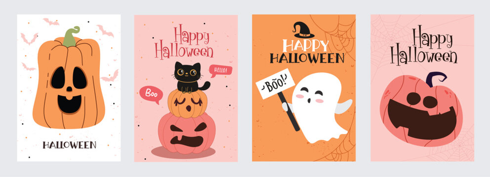 Halloween poster card clipart set. Happy Halloween trick or treat flyers clip art with cute pumpkins, ghost and cat characters for spooky banners and template collection vector illustration.  
