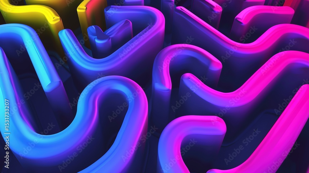 Poster chromatic labyrinths in 3d: multicolored gradient tubes, simple labyrinth wallpaper, and colorful vo