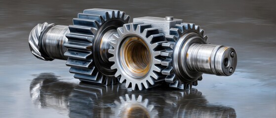 metallic gears mechanical lubrication concept. Metal gears with a reflective surface, showcasing intricate mechanical design.