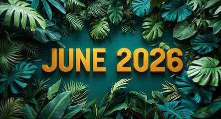 june 2026 lettering on jungle leaves background