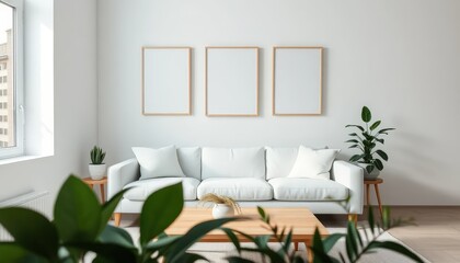 Interior of a minimalist living room with a white sofa