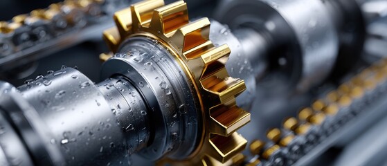 metallic gears mechanical lubrication concept. Close-up of a metallic gear and chain with water droplets, showcasing industrial mechanics and engineering.