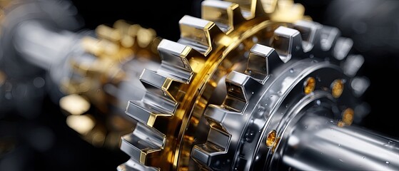 metallic gears mechanical lubrication concept. Close-up of a metallic gear with shiny surface and blurred background.