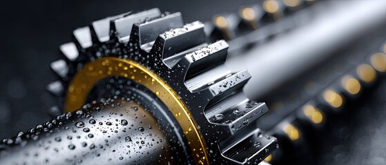 metallic gears mechanical lubrication concept. Close-up of a metallic gear with droplets and light reflections, showcasing industrial design.