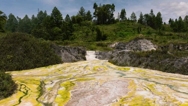 Aerial drone of geothermal fields and hot sulfur springs. Sipoholon, Sumatra, Indonesia.