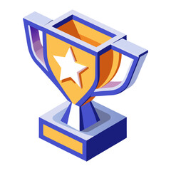 An isometric illustration of a stylized golden trophy with a star on a shield. It represents victory, achievement, and recognition in a modern, digital art style.