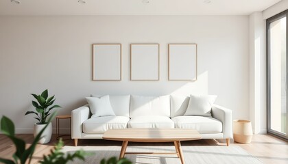 Interior of a minimalist living room with a white sofa