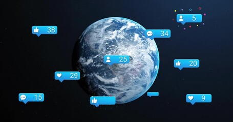 Empty chat bubble appearing starting Earth rotating as notifications clustering and counts updating - Powered by Adobe